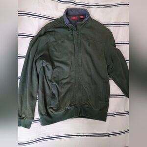IZOD Green Knit Full Zip Sweater Men's XL Mock Neck Full Zip Cotton Blend Preppy